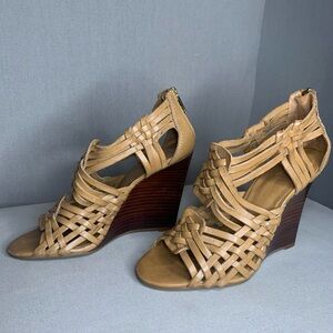 TORY BURCH Nadia Wedge Leather Woven Sandal Shoes Size 6.5 M Heels Brown